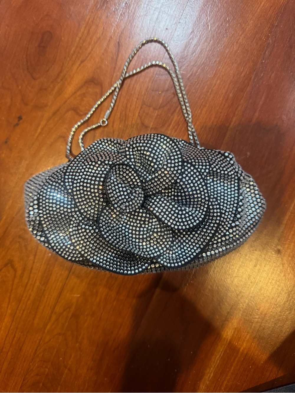 Rhinestone Flower Accent Evening Clutch - Black